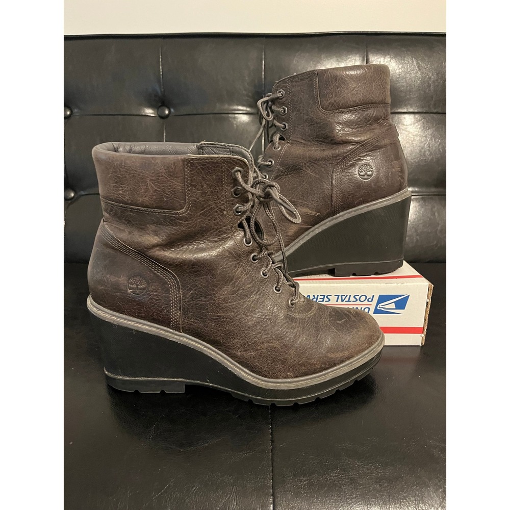 Timberland Glancy Leather Wedge Lace Up Ankle Boots Brown A1JXT Womens 9.5